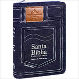 Biblia RVR60 Letra Grande Jean con Cierre, Tela Jean, Manual Azul con Indice