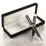 Classic Pen & Pencil Set - Black w/Silver Inlays & Etched Cross